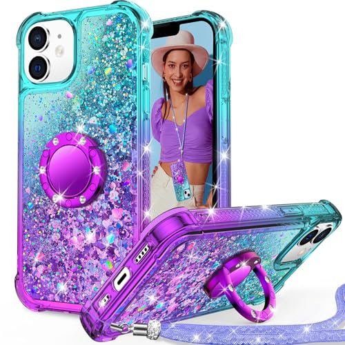 Unlicaku for iPhone 12/12 Pro Case, with Ring Women Girls Bling Holographic Sparkle Glitter Cute Cover, Diamond Ring Protective Phone Case for iPhone 12/12 Pro, Purple