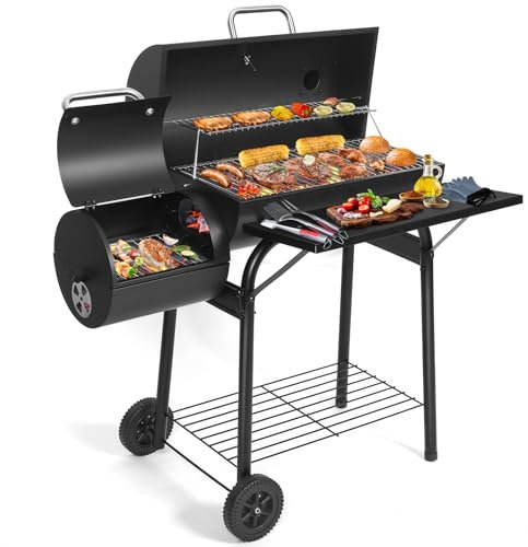 SUNLIFER Fumoir décalé au charbon de bois : barbecue au charbon de bois avec espace de cuisson spacieux | Barbecue en baril et fumoirs combinés pour extérieur, terrasse, jardin, camping et fêtes