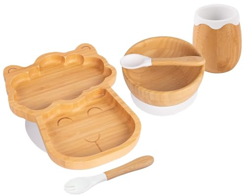 Tiny Dining 5pc Weiß Bambus-Lama-Baby-Entwöhnungsset - Kleinkind Kinder Essen Fütterung Teller Platte Schüssel Löffel Besteck - Silikon Saugnapf