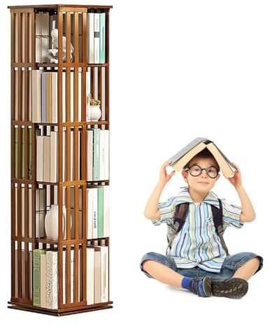 ZIXIAOS étagère à Livres Rotative à 360°, Bibliothèque D'étudiant en Bambou à 5/6 Niveaux – Organisateur De Rangement, Armoire, Bibliothèque d'angle Haute, Présentoir De Livres pour Salon,Brown-5th