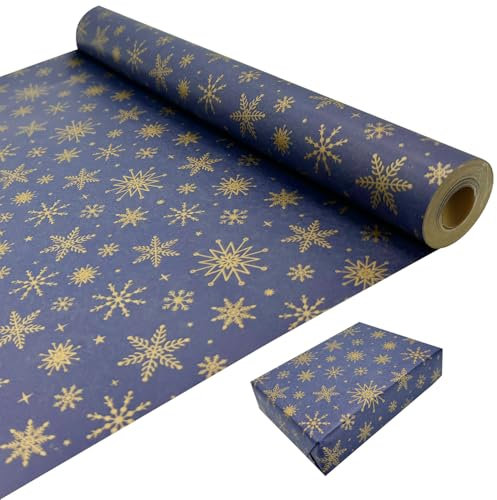 Papier cadeau de Noël pour emballage cadeau : rouleau de papier kraft bleu avec flocon de neige doré 43 cm x 15 m.
