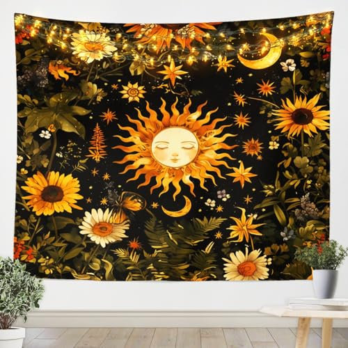 Loussiesd Sonne und Mond Wandteppich 130x150cm Butterfly Moth Blume Wandkunst für Kinder Jungen Mädchen Rustic Garden Wandbehang Star Moon Sun Boho Wandtuch Room
