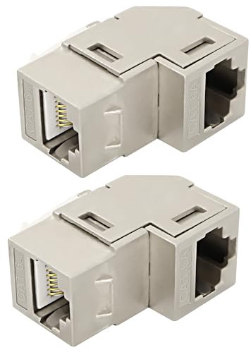 MEIRIYFA Lot de 2 coupleurs Ethernet RJ45, 10 Gbps, 90 degrés, Cat6A, RJ45 femelle vers femelle, adaptateur Ethernet Keystone Jack, connecteur réseau LAN pour Cat6A, Cat6, Cat5e, Cat5 (argenté)