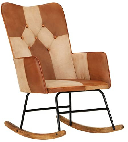 KLYEON Schaukelstuhl Braun Echtleder und Canvas,Gepolsterter Schaukelstuhl aus Echtleder: Entspannung für Wohnund Schlafzimmer Schaukelstühle, Stühle