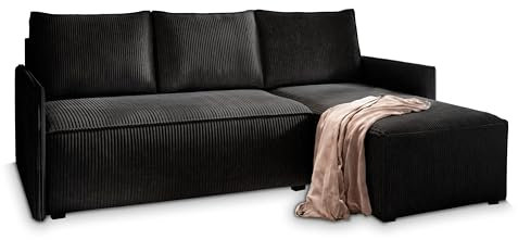 Masseno Ecksofa PERUSI mit Schlaffunktion L-Form, Sofa mit Bettkasten, Wohnzimmersofa, Couch, Soffa, Bettsofa, Couchgarnitur- Schwarz, POSO 135