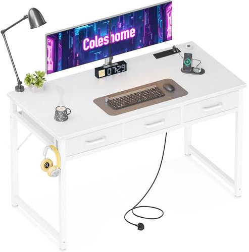 Coleshome Computer Desk with Drawers, 120x48 cm Office Desk with Power Outlets, Small Study PC Table for Home Office, Small Space, White