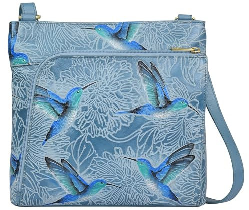 Anuschka Damen Original handbemalte Echtleder Umhängetasche mit vorderem Reißverschluss und RFID - Kartenschutz - Tooled Birds Sky