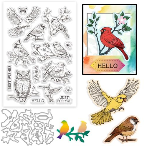 GLOBLELAND Realistische Vögel Silikonstempel Metall Stanzformen Malschablonen Für Die Kartenherstellung Eulen Papageien Stempel Stanzformen Tiere Schablonen Set Für DIY Scrapbooking Kunsthandwerk