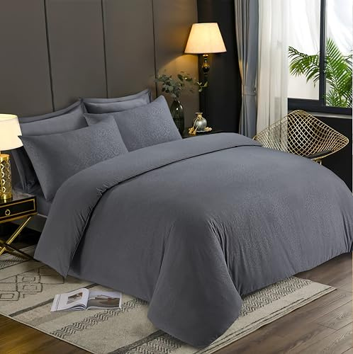 LYMA Bedding Duvet Cover Set Single Leafs Embossed, OEKO-TEX Certified, Ultra Soft NanoPlush Double Brushed Quick Dry & Button Closure, Wrinkle Fade Resistant Quilt Cover with Pillowcase (Dark Grey)