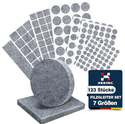 XEEINC Filzgleiter Selbstklebend 123 Stück - Filzgleiter für Stühle mit 7 Größen - 3mm Dicke Möbelgleiter Filz selbstklebend für Stühle Bodenschutz - Grau