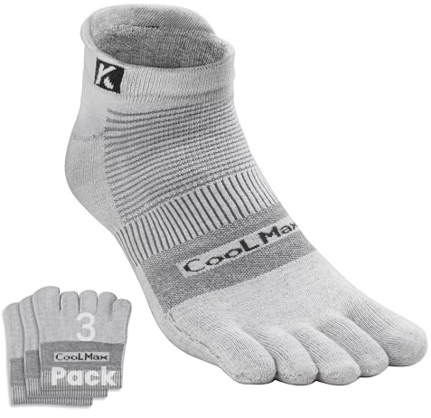 KWUKOTY Cushioned Compression Ankle Running Toe Socks COOLMAX, 3 Pairs Grey Men & Women Size 6-9