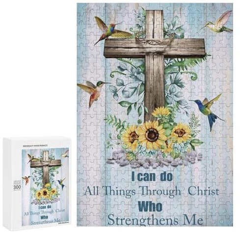 Ein Holzkreuz verziert mit Sonnenblumen, Kolibris und inspirierendem Text. Klassisches Holzpuzzle mit 300 Teilen für Erwachsene