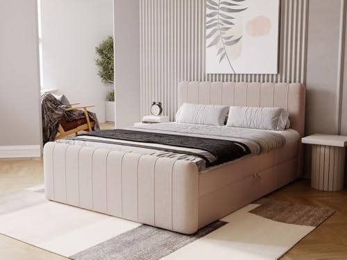 GRAINGOLD Osteno Bett 160x200, Boxspringbett mit Bettkasten, Polsterbett mit Bonell-Matratze, Samt Stoff, mit Topper, mit Kopfteil (Beige, 160x200)