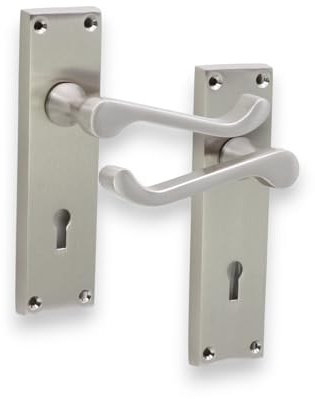 Infinity Decor Set of Satin Nickel Victorian Scroll Lever Lock Door Handle on Rectangular Backplate – Key Lock Lever for Interior and Exterior Doors