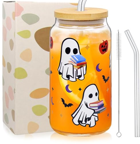 Halloween Ghost Cat Iced Coffee Mug with Straws Pumpkin Bat Ghost Pattern Print 500 ml, High Drinking Glasses for Coffee Milk Scary Gift for Women and Men (B)