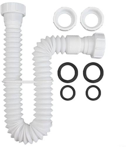 Zilimontt Sink Drain Pipe, Flexible Waste Pipe Connector Kit - 1 1/4 Inch general Plumbing Trap for Bath, Wash Basin, Kitchen Sink - Plastic Drain Pipe With Adapter