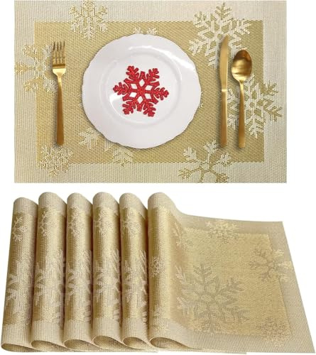 karororow 6er-Set Weihnachtliche Tischsets PVC Platzdeckchen Festliche Weihnachtsdeko,Gold