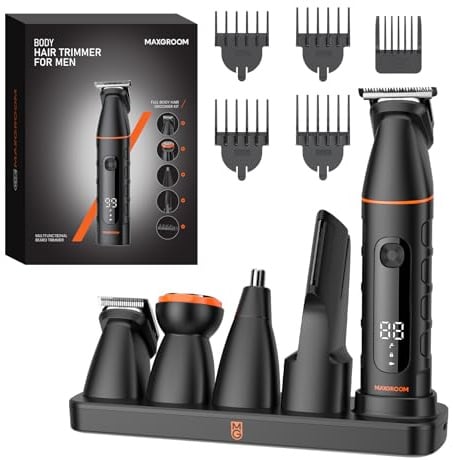 5-IN-1 Intimrasierer Mann, MAXGROOM Körperrasierer Herren mit Ladestation, IPX6 Wasserdichter Rasierer Herren Elektrisch für Intimbereich, Bart, Körper, Hoden und Scham, Mit LED-Anzeige, 120 Min Akku
