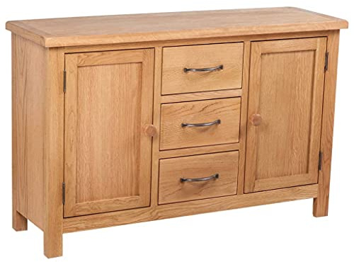 GeenYuu Sideboard mit 3 Schubladen, 110x33,5x70 cm, Massivholz Eiche, rustikale Anrichte, langlebiger Schubladenschrank für Wohnzimmer, Flur