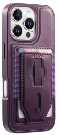 COQUE Étui en silicone pour Apple iPhone 16 Pro, style rétro, avec porte-cartes magnétique et dragonne, compatible avec les accessoires magnétiques, protection antichoc pour Apple iPhone 16 Pro-Violet