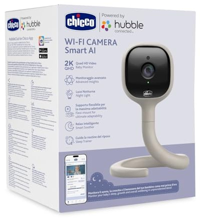 Chicco Video-Babyphone Wi-Fi Smart AI, 2K UHD Kamera mit Infrarot-Nachtsicht, dedizierte App, mehrfarbige Lichter und Smart Soother mit Schlafliedern und Weißem Rauschen, modernes Design