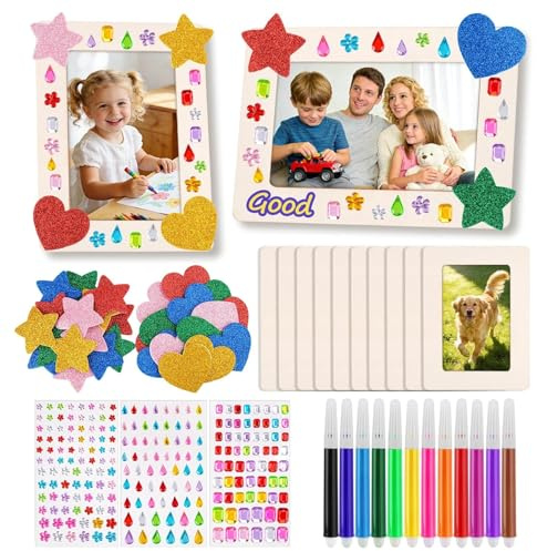 10 Stück Holzbilderrahmen zum Bemalen für Kinder – DIY Bastelset Bilderrahmen selbst gestalten 19x14cm – mit 12 Stife, Sorten Glitzersteinen Sticker –Geschenk für Weihnachten/Deko/Bemalen/Geburtstag