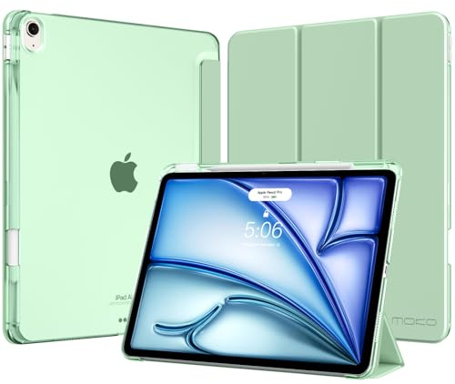 MoKo Funda para iPad Air 13 Pulgadas (M4/M3/M2) con Portalápices | para iPad Air 13 Funda 2026/2025/2024, Delgada con Soporte Trifold Cascara Traslúcida PC, Auto Activación/Reposo, VerdeMatcha