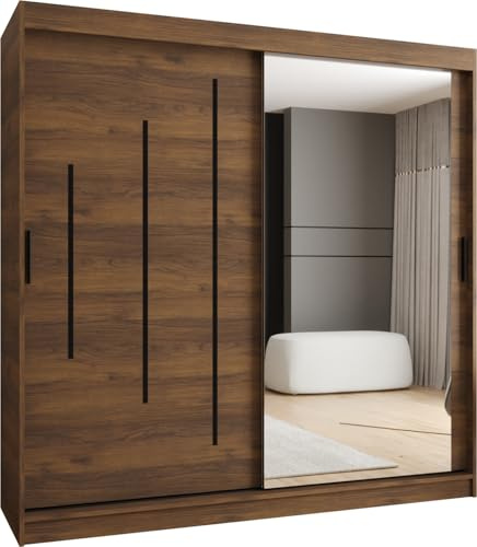 Kryspol - Schwebetürenschrank - Kleiderschrank mit Spiegel - 200 cm Breit x 200cm(H) x 62cm(T), 2 Türen, Laminierte Möbelplatte, Rubino Y2 200, Farbe Nussbaum Warmia, Griff: Schwarz