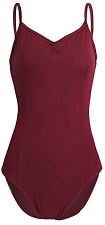 TiaoBug Damen Ballettanzug Body Ballett Trikot Turnanzug Gymnastikanzug mit Spaghettiträgern Ballettkleidung Weinrot S