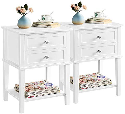 Yaheetech 2pcs Bedside Tables, Wooden Nightstand Cabinet with 2 Drawers and Open Storage Shelf, Modern Sofa Side End Table for Bedroom/Living Room/Small Space, 35x45x61cm, White