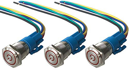 QitinDasen 3Pcs Premium 12V / 24V 5A Interruttore a Pulsante Autobloccante, 16mm Interruttore a Pulsante in Metallo con LED Rosso, Interruttore Avviamento Auto in Acciaio Inossidabile impermeabile