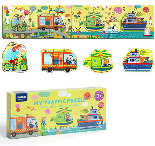 boppi Mideer Puzzle - Kinder Puzzel mit Fahrzeugen zum rausnehmen. 28 extra Feste Puzzleteile für Kleinkinder ab 3 Jahren. 22 cm x 100 cm langes Bodenpuzzle.