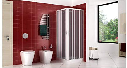 Duschkabine aus PVC, 2 Seiten, 70 x 70 cm, Höhe 185 cm, Modell Lina, weiß, Duschkabine zentrale Öffnung Ecke, zwei Falttüren, kürzbar (80 x 100 cm, H 185 cm)