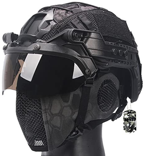 AQzxdc Fast-Helm Set, mit Stahl Maske und Verstellbarem Zweifarbigem Visier, Nylon-Helmüberzug, für Airsoft Paintball Jagd BBS,Bk max