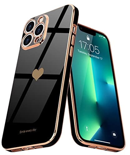 Teageo for iPhone 13 Pro Max Case Cute Heart Pattern for Women Girls Slim Luxury Bling Plating Soft TPU Anti-Scratch Shockproof Bumper Phone Case for iPhone 13 Pro Max, Black