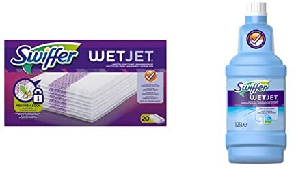 Swiffer Wetjet Lingette pour Serpillères, Pack de 20, Antibactérien, Recharges, Élimine les Traces et la Poussière & WetJet Solution Nettoyant Pour Sols, Pour Balai Spray 1,25 L