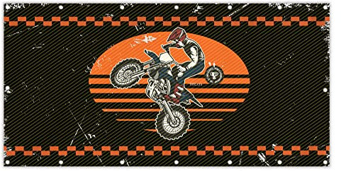 MuchoWow® Balkon Sichtschutz Sichtschutzmatte Balkonbanner Abdeckung für Terrasse Balkon Windschutz Blickdicht Wetterfest 200x90 cm Mancave - Crossmotorrad - Vintage - Orange - Schwarz