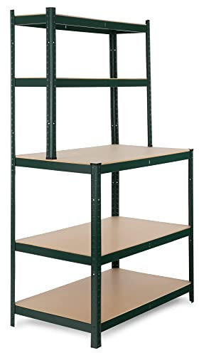 Stagecaptain WBR-175 SR Werkbankregal - Schwerlastregal mit Werkbank - Lagerregal für Werkstatt, Keller, Speisekammer - 5 Böden in 2 Tiefen - Extra stabile Arbeitsfläche auf 97 cm Höhe - Grün