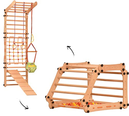 Kletterwand für Kinder-Indoor Klettergerüst aus Holz-Kletterdreieck - Indoor-Hühnerleiter mit Rutsche für Babys, Kleinkinder, Kinder, doppelseitige Rutsche 5P5P7S5P+Slide