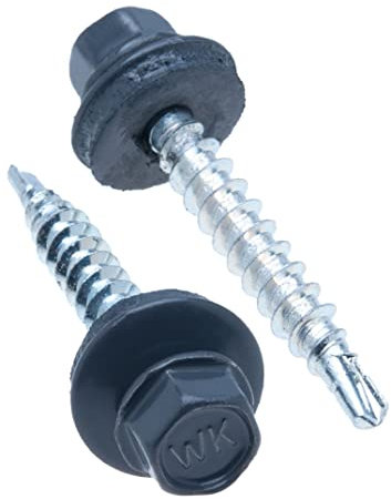 4.8 mm x 35 mm Vis de toiture, tête hexagonale autoperceuse colorée (RAL 7024 Gris graphite) vis de toit avec rondelle scellée en EPDM, vis à gros filets trempés zingués antirouille (50 pièces)