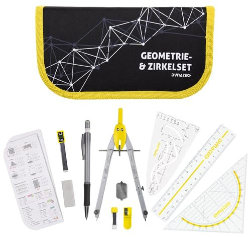 DynaTech Zirkel Set Geometrieset 13-Teilig mit Schnellverstellzirkel, Geodreieck, Parabel, Bleistift, Lineal, Spitzer und Ersatzminen im Etui - praktisches Mathematik-Set inkl. Federmappe (Gelb)