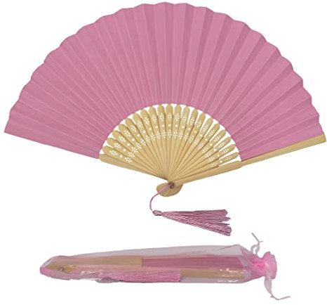 Paper Handheld Folding Fan with a Tassel and Grade A Bamboo Ribs for Women Girls Summer Party Favour Birthday Wedding Gift (Soft Pink)