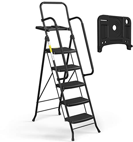 HBTower Scala 5 Gradini Pieghevole con Vassoio Portattrezzi, Scala Antiscivolo in Acciaio, Portata Massima 150 kg, Ideale per Casa, Garage e Cantiere