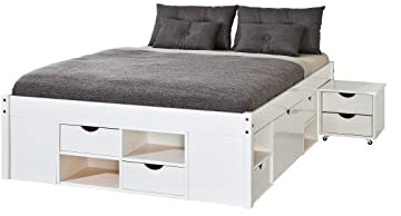 möbelando Funktionsbett Till aus Massivholz in Weiss mit 4 Schubladen und 12 Einlegeböden. Abmessungen (BxHxT) 209x47,5x146 cm