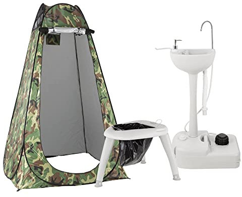 Stagecaptain Quixie Camouflage Privacy Handwash Set - Festival- und Reisetoilette mit Sichtschutz-Zelt und Waschbecken - Für Kinder und Erwachsene - Das Mobile Badezimmer für jedes Event
