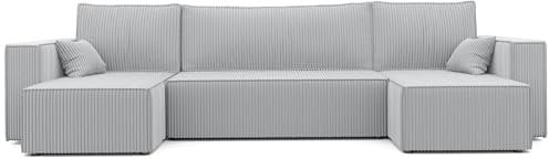 GREKPOL Ecksofa Paris U Cord Stoff Poso Couch Sofa mit Schlaffunktion und Bettkasten Schlafsofa Polsterecke Couchgarnitur Ecke Bettcouch Big Couch (Hellgrau Poso 110)