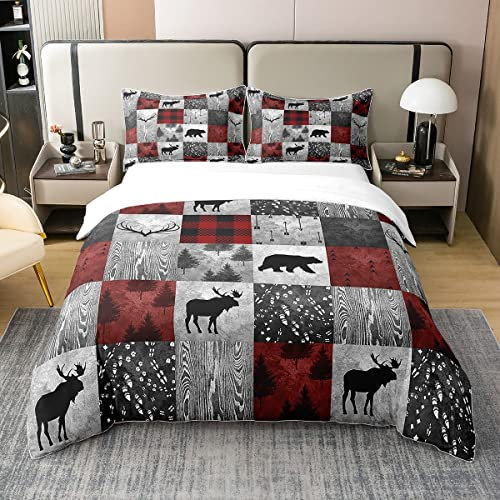 100 Prozent Baumwolle Lodge Hirsch Bettbezug 155x220,Rustikale Tier Bettwäsche Set,Bär Elch Geweih Wild Jagd Tier Tröster Bezug,Bauernhaus Burgunder Büffel Bett mit1 Kissenbezug