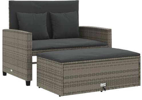 vidaXL Gartensofa mit Kissen 2-Sitzer, Outdoor Sofa mit Hocker mit Staufach, Couch mit abnehmbarm Bezug, Gartebmöbel Gartengarnitur, Grau Poly Rattan