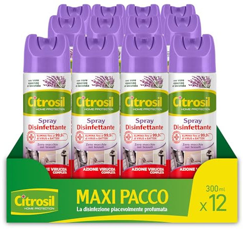 Citrosil Disinfettante Spray, Azione Virucida Completa, Elimina Fino al 99,9% di Virus e Batteri, Essenza di Lavanda, 300 ml x 12 Confezioni