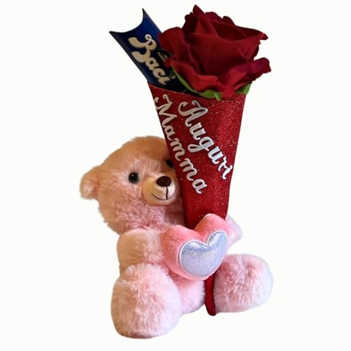NARAMAKI Regalo Mamá 2025 – Ramo Hecho a Mano con Texto «Auguri Mamma» + Rosa roja floreciente + Besos Perugina 37,5 g + Oso de Peluche de 16 cm – Dia de la Madre (Nara_Peluche)